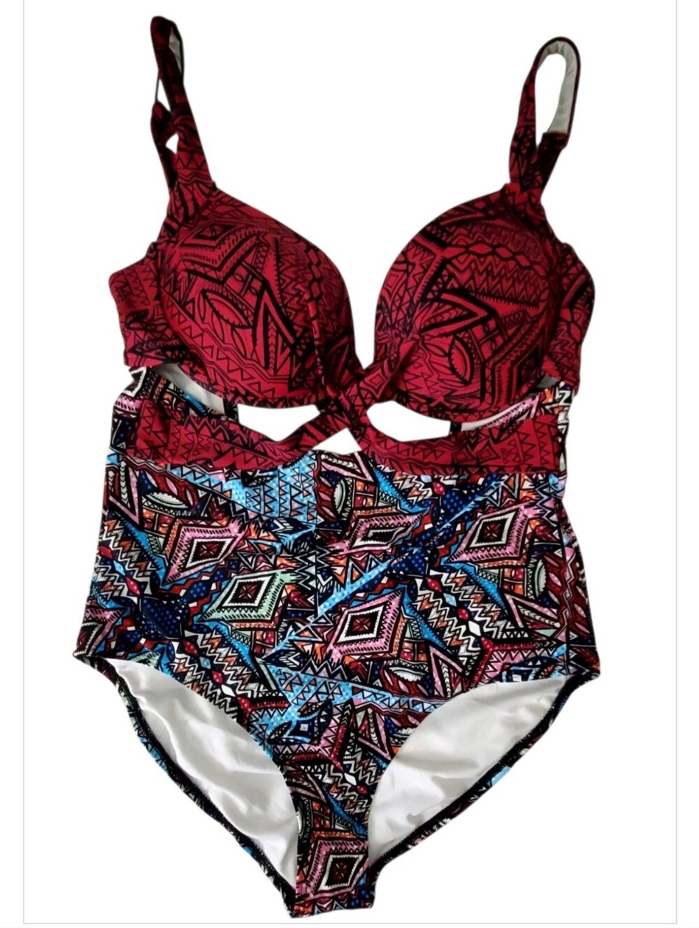 Swim Suits For All One-Piece in Burgundy Multi-Pattern Swimsuit - Size 16. NWOT